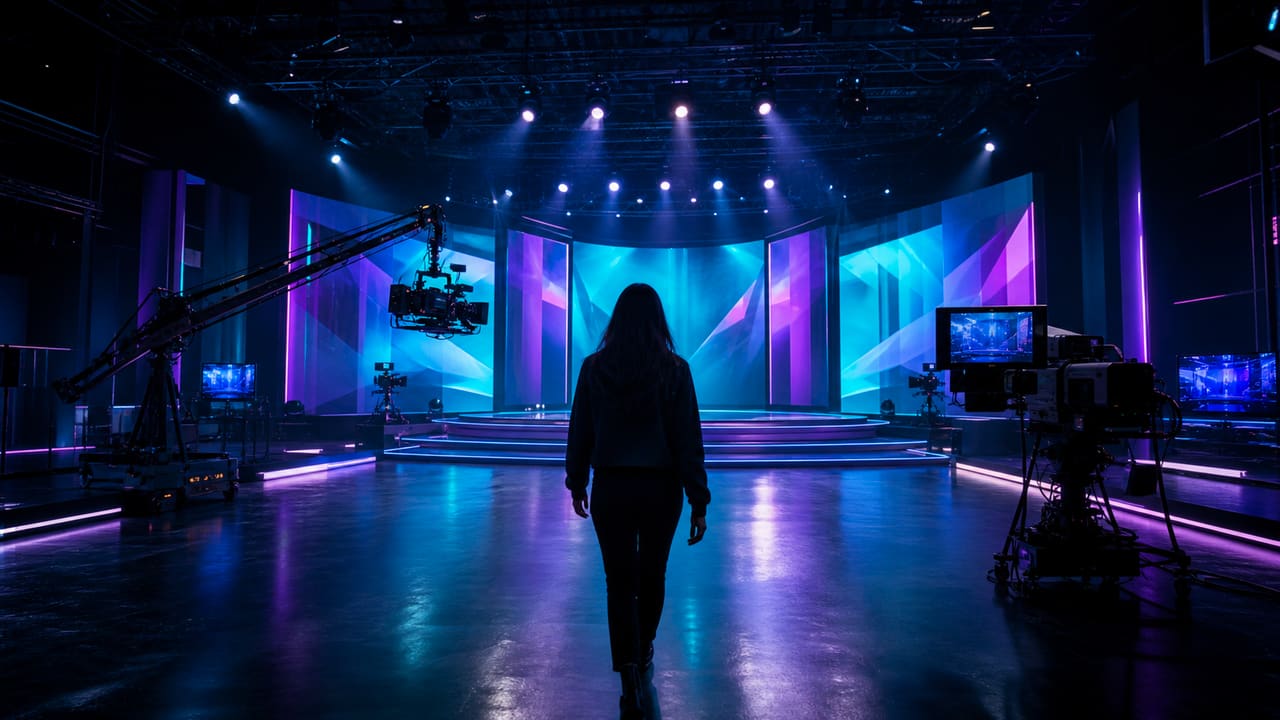 Escenario futurista de streaming y entretenimiento en vivo de Podium XTV